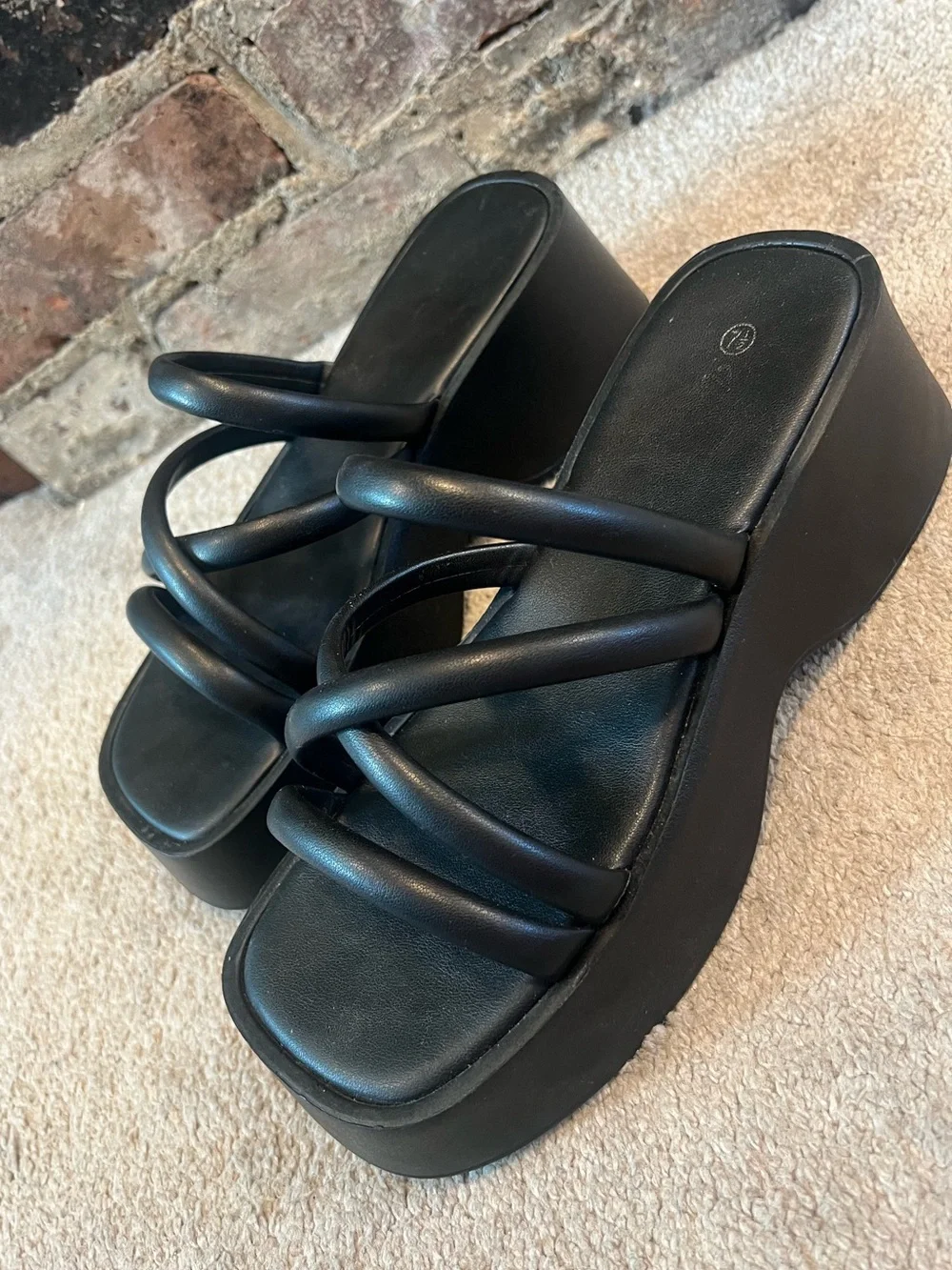 Amazing Lace Black Chunky Platform Strappy Slip On Sandals